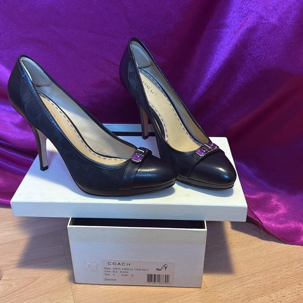 Coach Camille black leather and fabric size 9 heels in like new condition - Picture 2 of 9